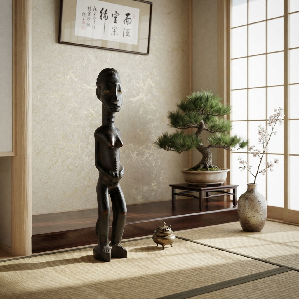 バウレ族彫像(高さ42cm)【アフリカンアート 木彫彫刻】 (b150-12)(AI生成イメージ)
