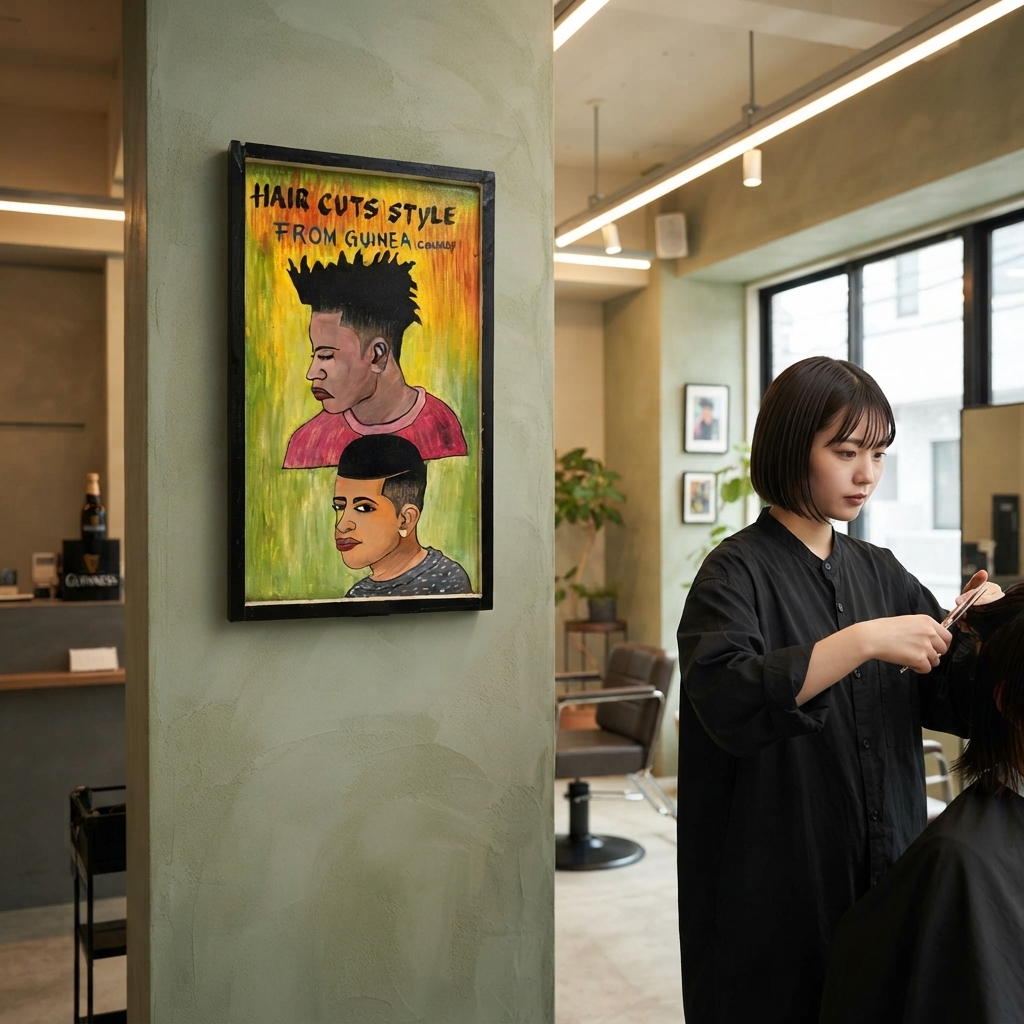 青空移動床屋用看板・アフリカン ヘアスタイル 絵画  80cm（ インテリアイラスト ヘアサロン 美容院） (f212-14)（AI生成イメージ）