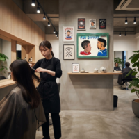 青空移動床屋用看板・アフリカン ヘアスタイル 絵画  60cm（ インテリアイラスト ヘアサロン 美容院） (f212-24)（AI生成イメージ）