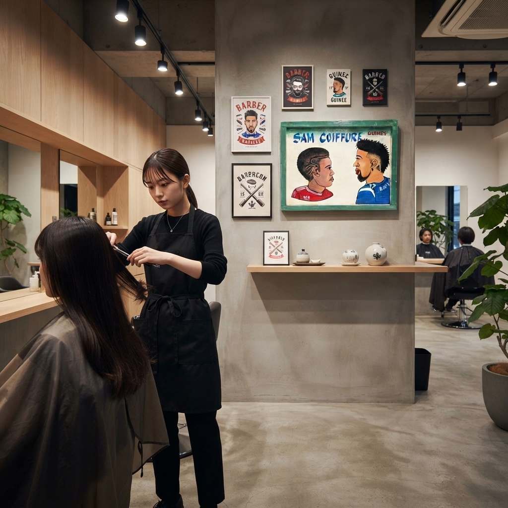 青空移動床屋用看板・アフリカン ヘアスタイル 絵画  60cm（ インテリアイラスト ヘアサロン 美容院） (f212-24)（AI生成イメージ）