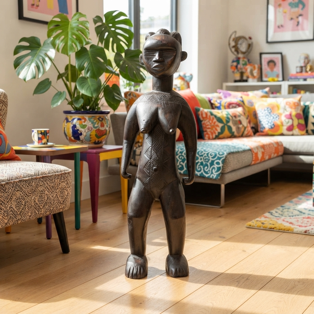バッサ族女性立像 木彫品 89cm アフリカン プリミティブアート （p880-13）（AI生成イメージ）