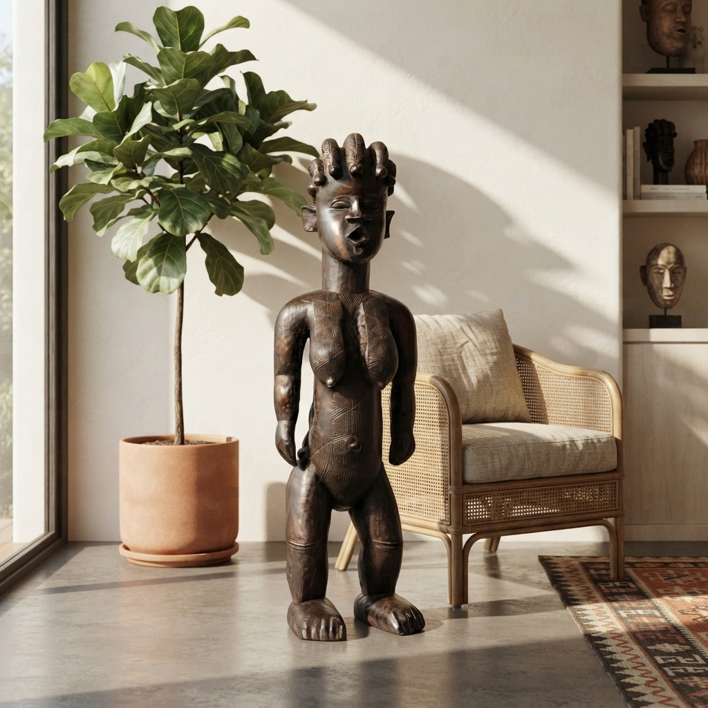 バッサ族母子立像 木彫品 99cm アフリカン プリミティブアート （p880-14）（AI生成イメージ）
