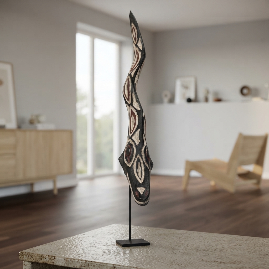 モシ族ヘビマスク 52cm スタンド付 アフリカ 仮面 アート （r105-19）（AI生成イメージ）