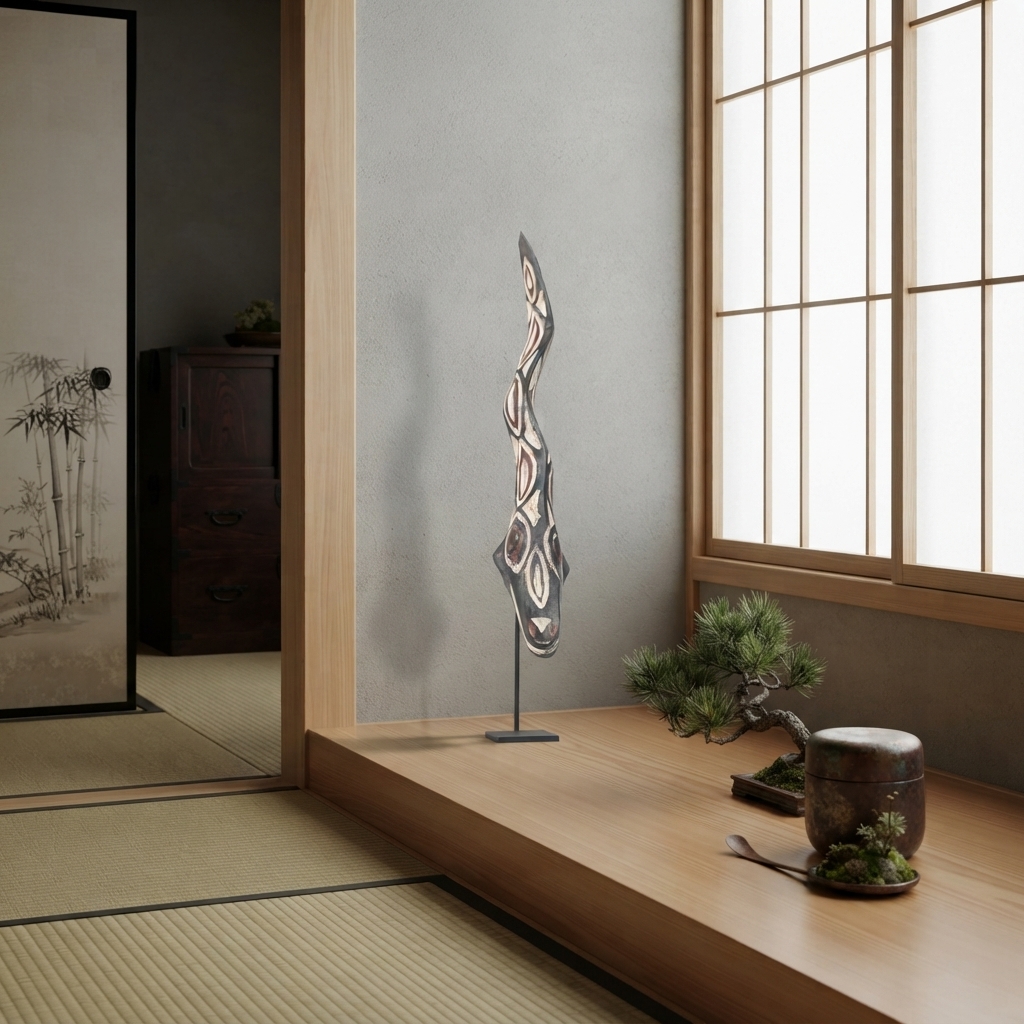 モシ族ヘビマスク 52cm スタンド付 アフリカ 仮面 アート （r105-19）（AI生成イメージ）