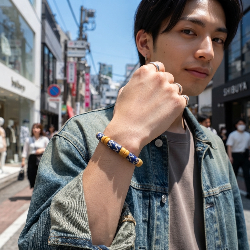 アフリカン  再生ガラスビーズ ブレスレット ゴム芯 （r211-07）（AI生成イメージ）