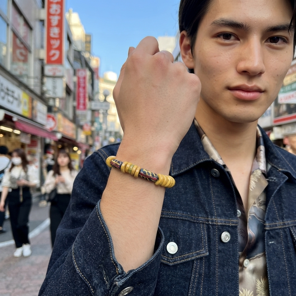 アフリカン  再生ガラスビーズ ブレスレット ゴム芯 （r211-08）（AI生成イメージ）