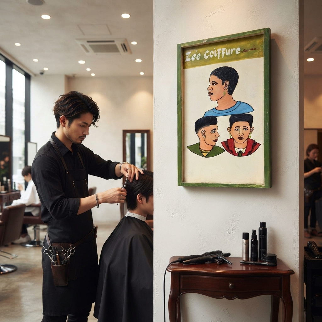 青空移動床屋用看板・アフリカン ヘアスタイル 絵画  80cm（ インテリアイラスト ヘアサロン 美容院） （r411-11）（AI生成イメージ）