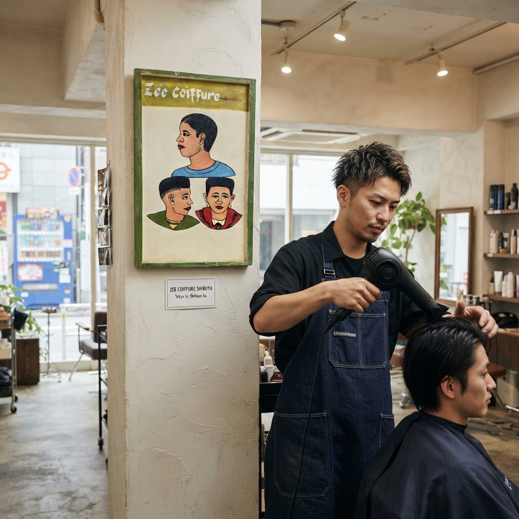 青空移動床屋用看板・アフリカン ヘアスタイル 絵画  80cm（ インテリアイラスト ヘアサロン 美容院） （r411-11）（AI生成イメージ）