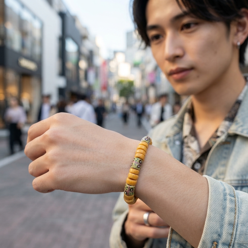 アフリカン  再生ガラスビーズ ブレスレット ゴム芯 （r501-04）（AI生成イメージ）